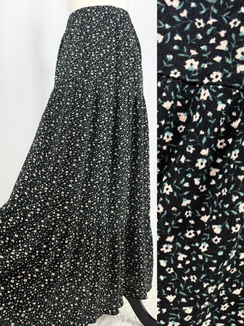 Revamped Black Ditsy Floral Tiered Maxi Skirt Goth Boho M